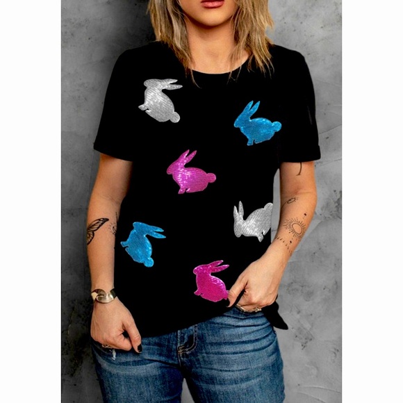 Easter Black T-Shirt Embellished with Pink, Blue & Silver Sequin Easter Bunnies - Picture 2 of 5